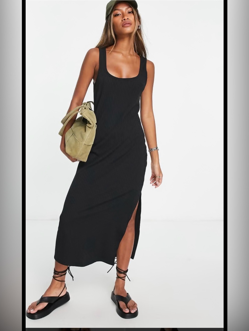 TOPSHOP ASOS Black Ribbed Midi Dress US 14 Scoop Neck Side Slit